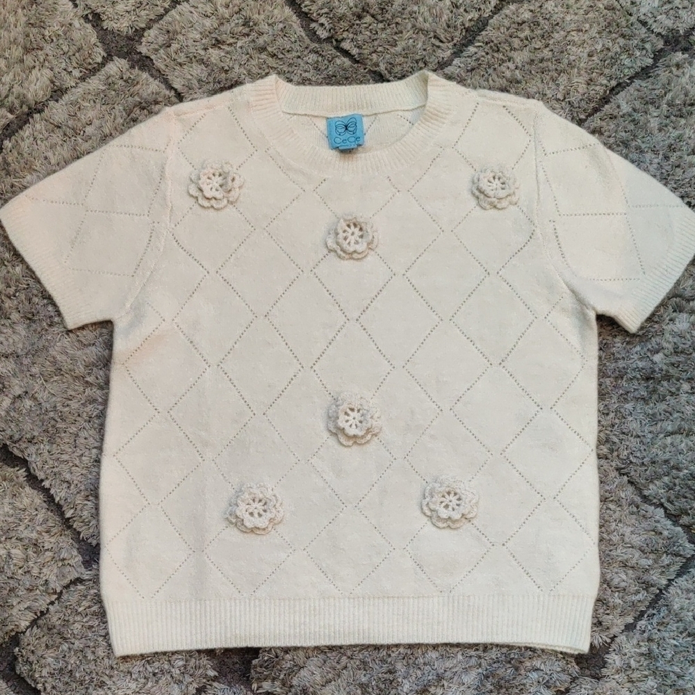 CeCe Cream Wool-Blend Pointelle Knit Short Sleeve Sweater w/ 3D Floral Appliques